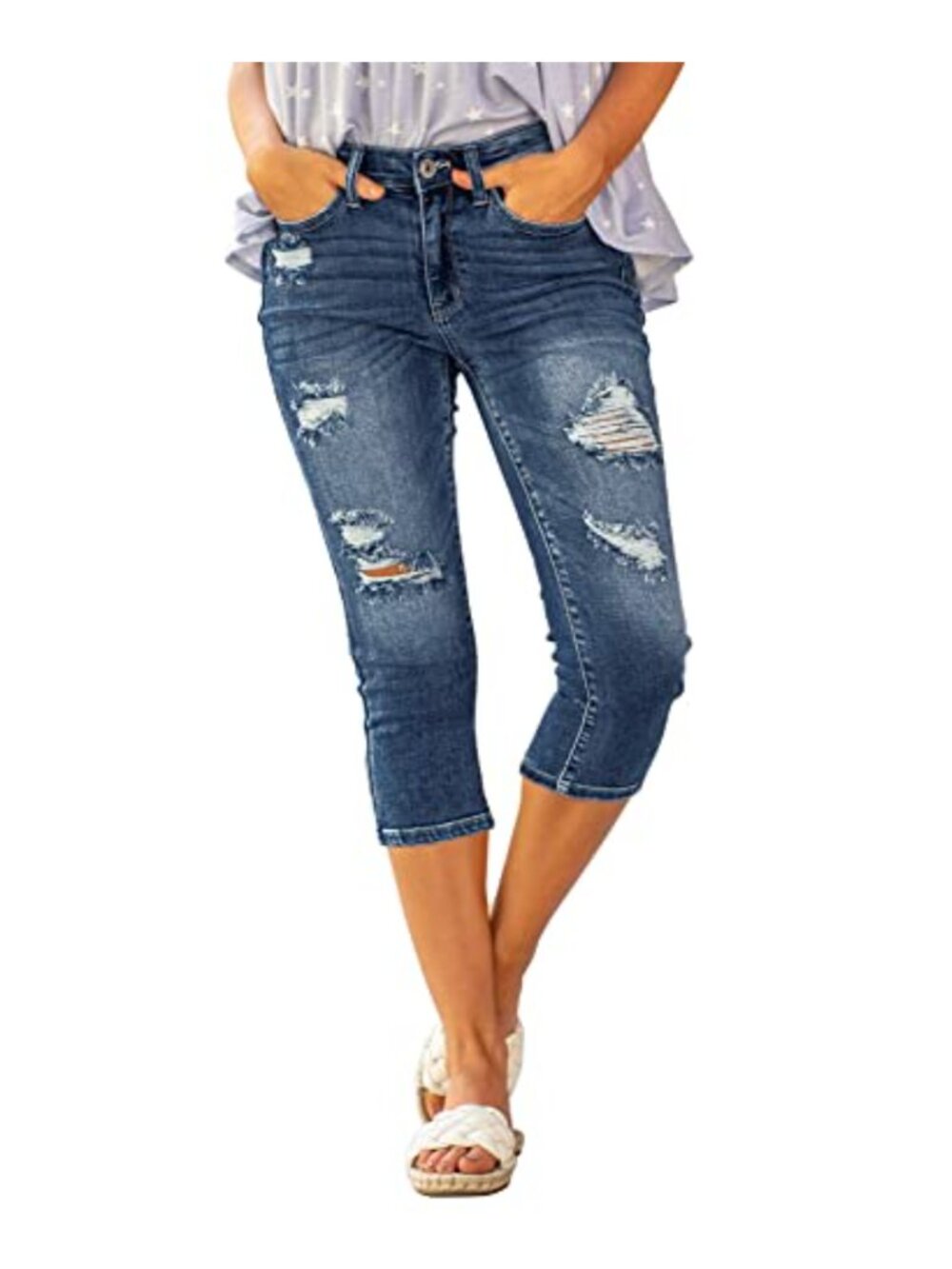 High Waisted Skinny Ripped Capri Jeans for Women Stretchy Denim 20" Inseam
